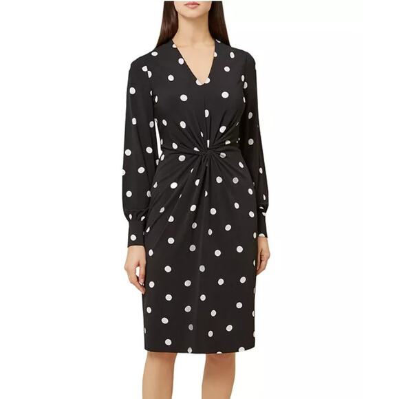 HOBBS London Farrah Twist-Front Polka Dot Sheath Dress Black & White Size 10 - Picture 2 of 14